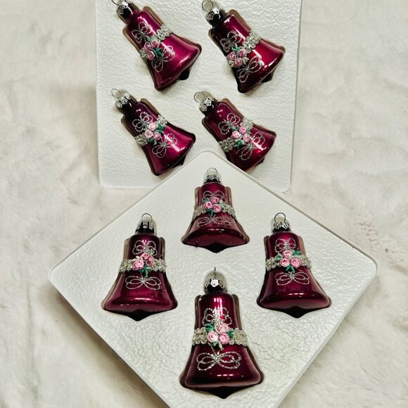 Vintage Glass Bell Christmas Ornaments Set Of 8 With Floral & Bow Design In Pink - Picture 7 of 7